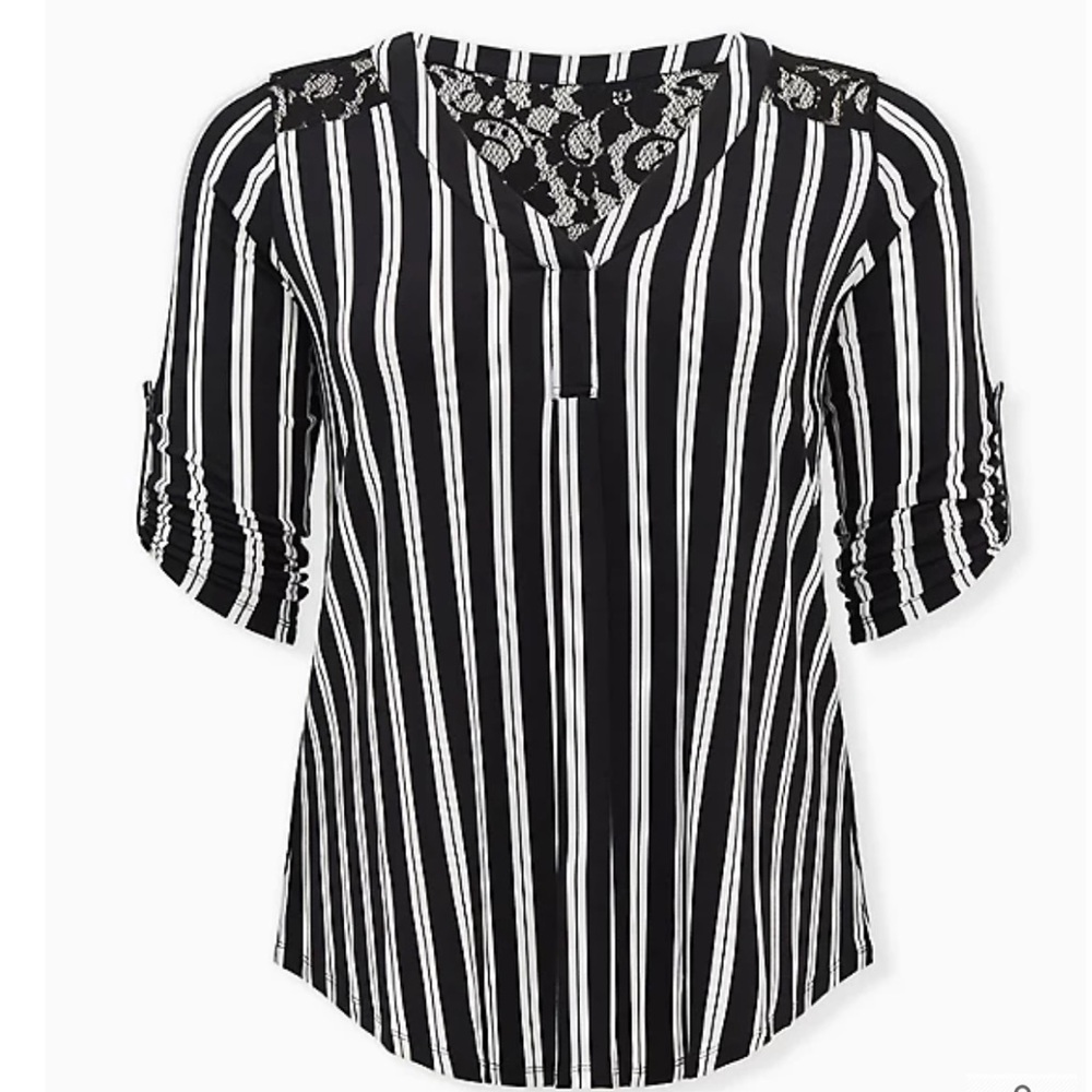 Harper Black & White Stripe Studio Knit Lace Yoke Pullover Blouse